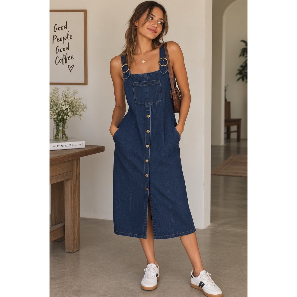 Vtg 90s S/M Blue Denim Overall Pinafore Jumper Dress Gold Button Front USA